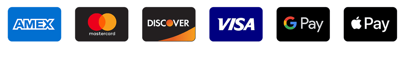 Accepted: American Express, Mastercard, Discover, Visa, Google Pay, Apple Pay
