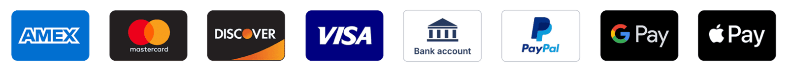 Accepted: American Express, Mastercard, Discover, Visa, bank account, PayPal, Google Pay, Apple Pay
